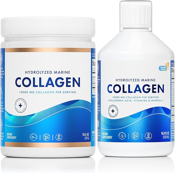 Swedish Nutra - 100% Marine Collagen Powder 300g &amp 10000 mg Hydrolyzed Marine Collagen Liquid Supplement | Hyaluronic Acid Biotin and Vitamin C to Support Healthy Hair Skin Nails and Joints