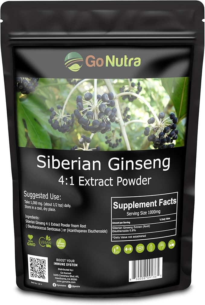 Go Nutra Siberian Ginseng - Eleuthero Root Powder | 4:1 Extract 4X Times Stronger | Supports Energy &amp Stamina | Natural &amp Adaptogenic | Eleutherococcus Senticosus | Non-GMO | 1lb (16 Ounce)