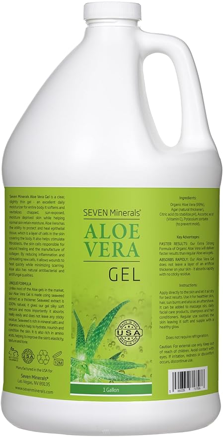Seven Minerals Organic Aloe Vera Gel from freshly cut 100% Pure Aloe - 1 Gallon - HighestQuality Texas grown Vegan Unscented - For Face Skin Hair Sunburn Relief - Bulk DIY (128 Fl Oz)