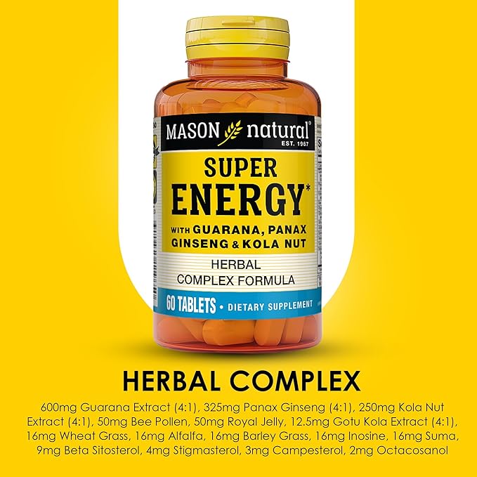MASON NATURAL Super Energy Made with Guarana Panax Ginseng &amp Kola Nut for Optimal Performance &amp Energy 90 Day Supply 60 Tablets (Pack of 3)