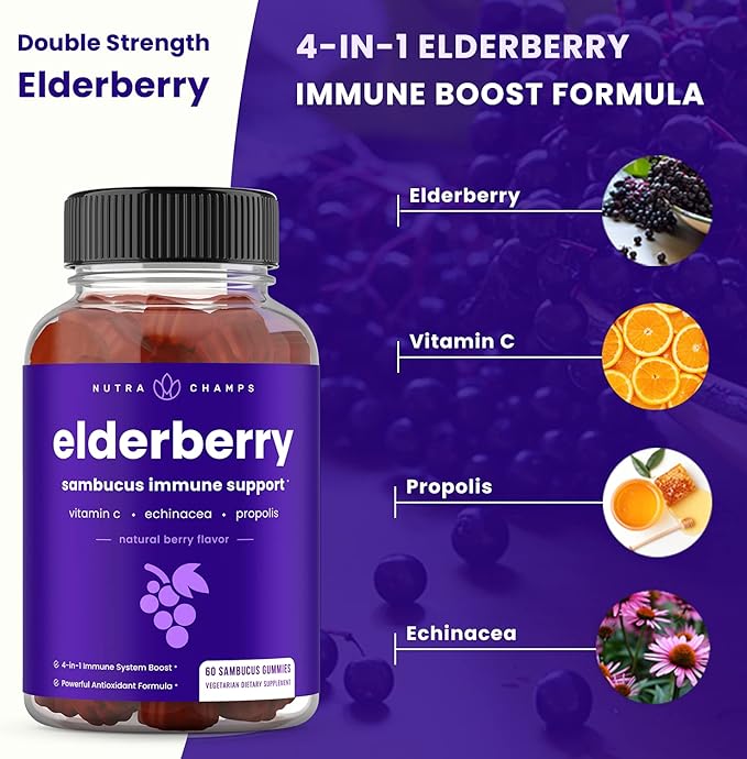 NutraChamps Elderberry Gummies Sambucus Elderberry Gummies for Adults &amp Kids Vitamin C Propolis &amp Echinacea Max Strength Immune Support Gummies Natural Berry Flavor 120 Gummies (Pack of