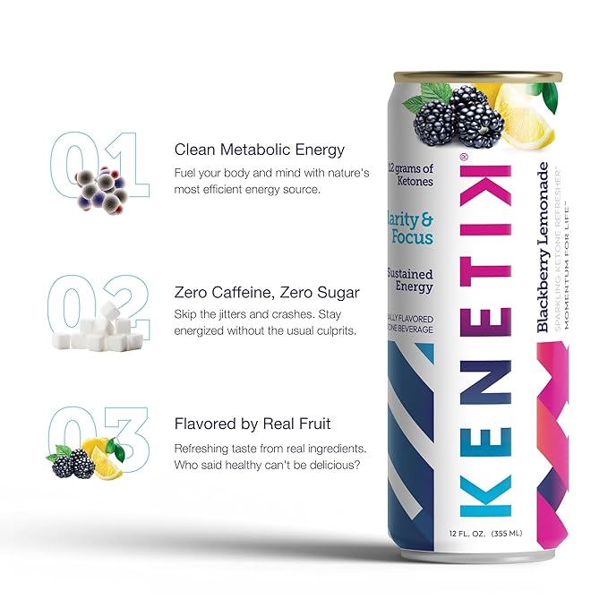 KENETIK Caffeine-Free Focus Drink – Brain Fuel for Mental Clarity and Cognitive Endurance Sugar-Free Bioidentical Ketones (D-BHB) 12oz – 6 Pack Blackberry Lemonade