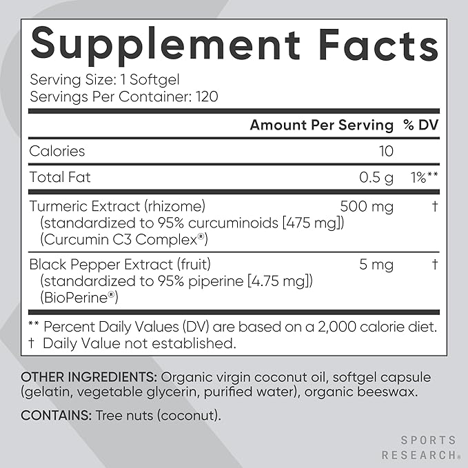 Sports Research® Turmeric Curcumin C3 Complex® w/BioPerine Black Pepper Extract &amp Organic Coconut Oil - Standardized 95% Curcuminoids · Non-GMO · Gluten Free - 120 Count Softgels