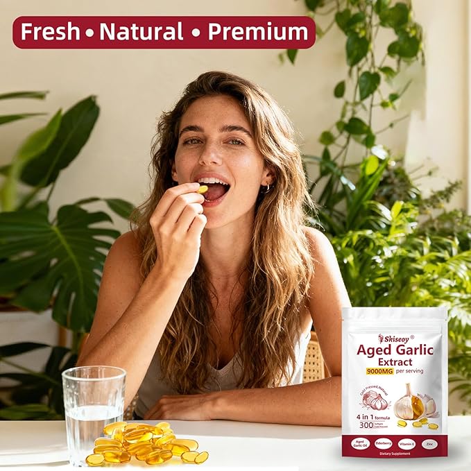 Aged Garlic Extract Capsules – 9000mg High Potency 2 Years Matured Odorless Garlic Supplements with Elderberry Vitamin E &amp Zinc for Heart &amp Immune Support Antioxidant Supplements 300 Softge