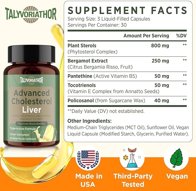 Advanced Cholesterol Lowering Supplements &amp for High Cholesterol | Liquid-Filled Capsules for Maximum Absorption | Plant Sterols Policosanol Bergamot Extract | Triple-Action Formula180 Capsules