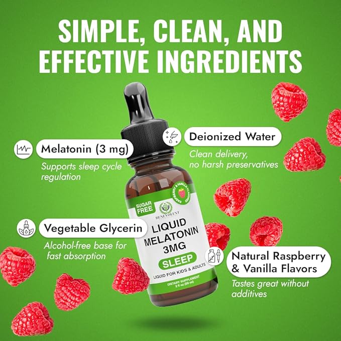 Benevolent Liquid Melatonin Drops for Adults and Kids 3mg - Melatonin Liquid as Fast-Acting Sleep Aid to Fall Asleep Faster &amp Longer - Non-GMO &amp Made in USA - Berry Vanilla Flavor 2 Month Sup