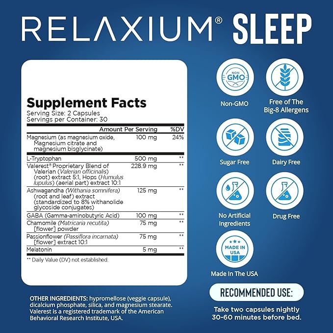 Relaxium Sleep Aid – Professional Strength Formula for Adults | 5mg Melatonin Magnesium Glycinate Valerest &amp Ashwagandha | Non-Habit Forming Sleep Support | 60 Capsules 30-Day Supply