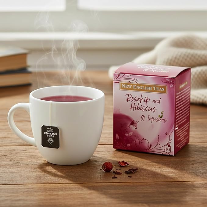 New English Teas Fruit &amp Herbal Tea 120 Teabags 12 Packs of 10 Individually Wrapped Tea Bags Naturally Caffeine Free (Rosehip &amp Hibiscus)