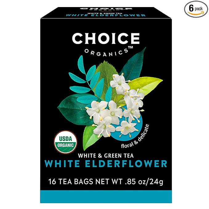 Choice Organic White Elderflower &amp Green Tea Caffeinated 16 Bags (Pack Of 6)