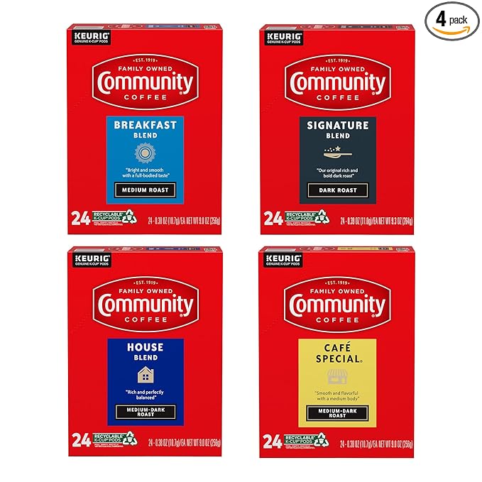 Community Coffee Variety Pack 96 Count Coffee Pods Medium Dark Roast Compatible with Keurig K-Cup Brewers 24 Count (Pack of 4)