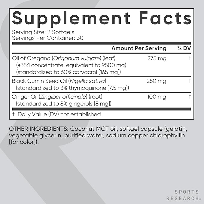 Sports Research® Oil of Oregano 9500mg w/Black Cumin Seed Oil &amp Ginger Oil - 3-1 Antioxidant Combination Supplement Rich in Thymoquinone &amp Carvacrol - Gluten Free · Non-GMO - 60 Softgels
