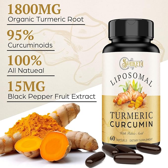 Liposomal Turmeric Curcumin Supplement - 2000mg 95% Curcuminoid Extract with Piperine - 60 Softgels (2 Bottle)