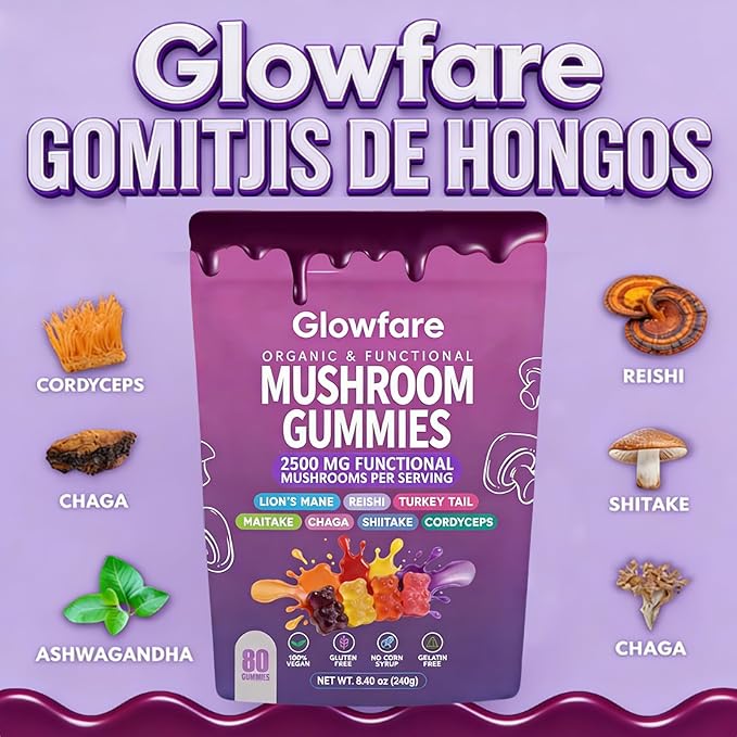 Mushroom Gummies Organic &amp Functional Mushroom Gummies Glow Fare Mushroom Gummies Supplement for ImmuneDefense Immune Boosts Cognitive Performance and Energy 80 Gummies (1PCS)