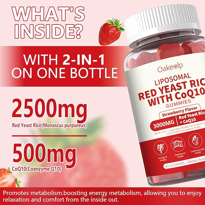 2 Pack Liposomal Red Yeast Rice with Coq 10 3000mg GummiesOrganic Red Yeast Rice Cholesterol Lowering Supplements Enhanced with Coq 10 for Heart Health SupportLiposomal Enhance 98% Absorption