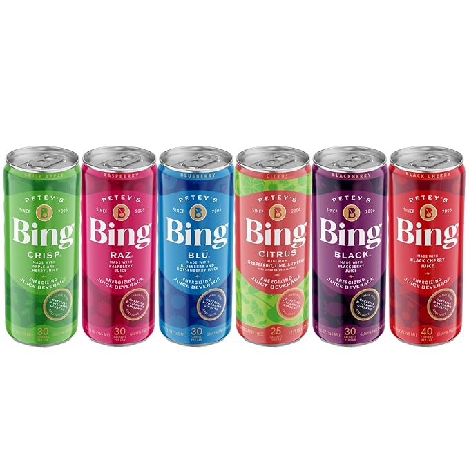 BING Energizing Juice Beverage – VARIETY All 6 Flavors (12oz/12pk) – Made with REAL Juice! Low Calorie 5 B-Vitamins &amp Ginseng 100-125mg Caffeine Vegan Gluten + Dairy Free. Incredibly DELICIOUS