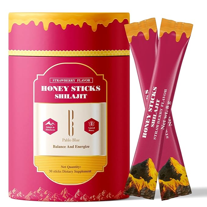 Pablo Blue SHE-Lajit Honey Sticks for Women | Shilajit Sticks with Shatavari &amp Saffron for Hormonal Balance Energy &amp Vitality | Strawberry Flavor | 75%+ Fulvic Acid &amp 85+ Minerals |30 Pac
