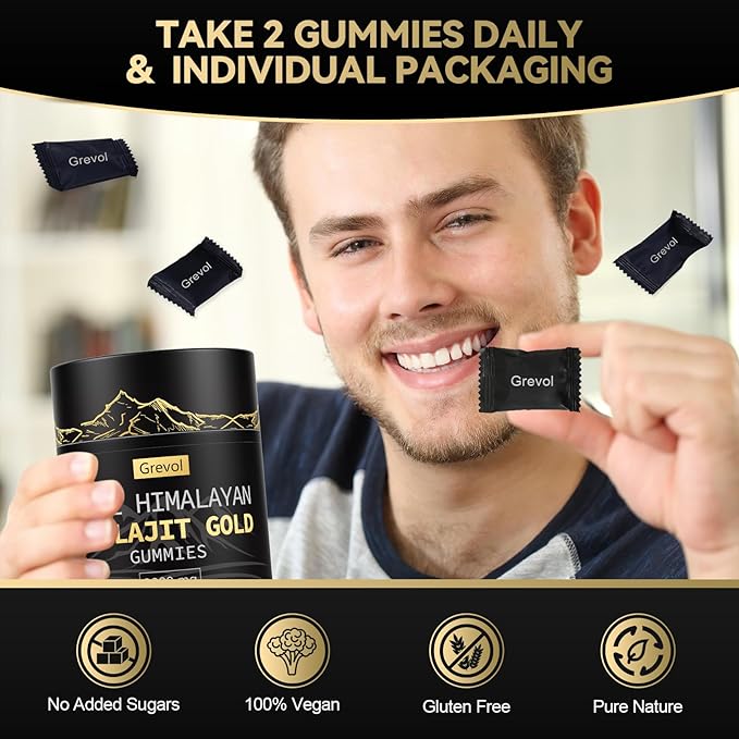 Himalayan Shilajit Gummies: Gold Grade Shilajit Riched with Ashwagandha Fulvic Acid &amp 85+ Trace Minerals - No Added Sugar - Individually Wrapped - for Men &amp Women - 60 Gummy