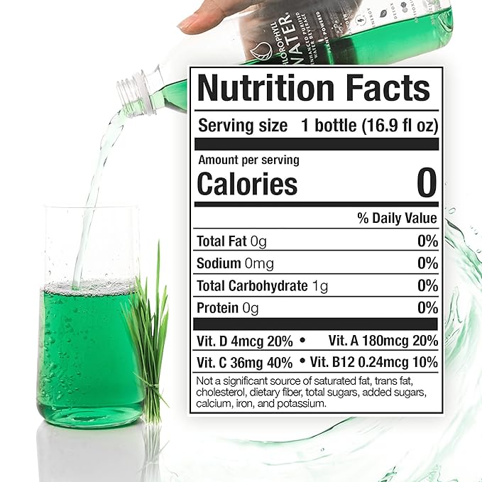 Chlorophyll Water (6-pack) Certified Clean Label Chlorophyll Liquid Drops in Purified Water Beauty Drink for Glowing Skin Anti-Aging &amp Natural Detox with Plant-Based Vitamins A B12 C D3 (16.
