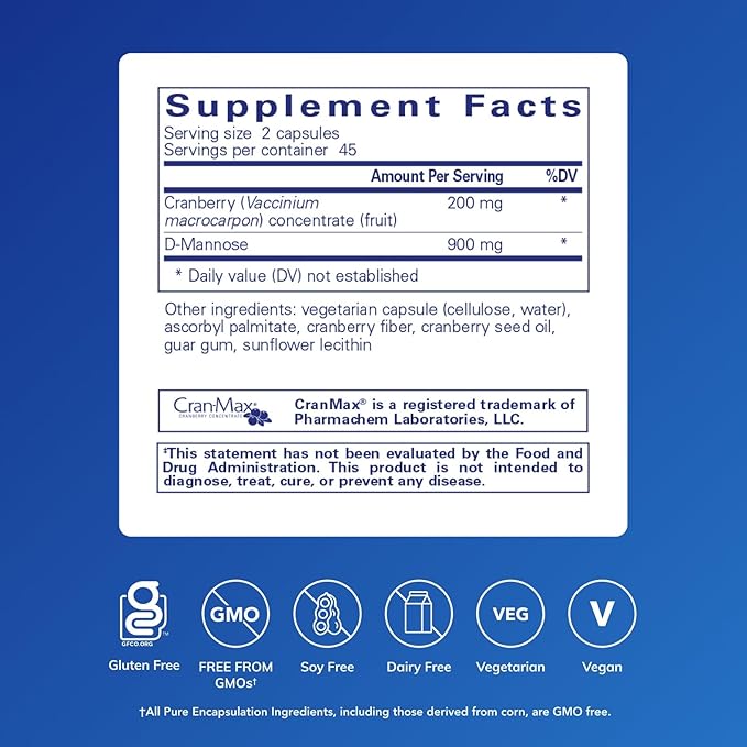 Pure Encapsulations Cranberry D-Mannose - Supports Urinary Tract Health* - with Cranberry Fruit Solids - Vegan &amp Non-GMO Dietary Supplement - 90 Capsules