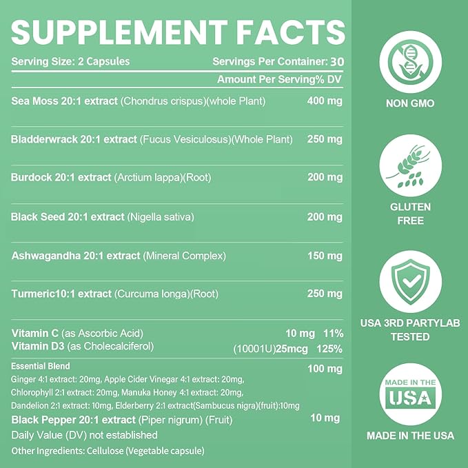 Sea Moss Black Seed Oil Ashwagandha Bladderwrack Burdock Root Turmeric &amp Vitamin C D3 Elderberry ACV Black Pepper - Multimineral Supplement - 60 Count