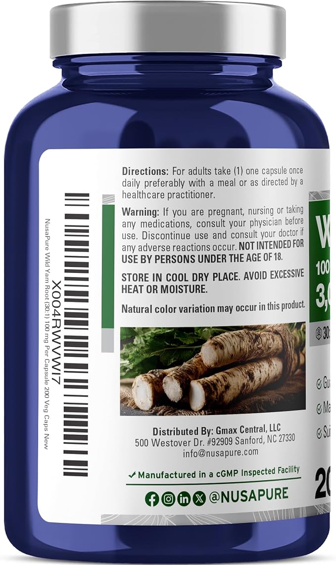 NusaPure Wild Yam Root 30:1 Extract 100 mg Equivalent to 3000 mg 200 Vegan Capsules - Women’s Health &amp Hormonal Balance - Non-GMO Vegan