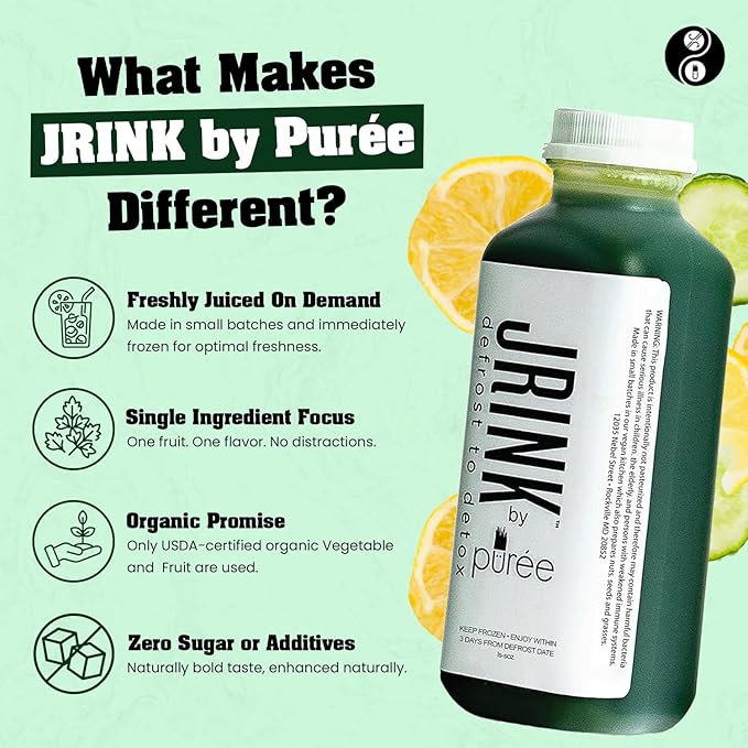 JRINK by Purée Easy Green Juice Cold Pressed Organic Fruit and Vegetable Blend Detox Cleanse Healthy Raw Greens Drink No Preservatives Juice Cleanse 16oz HDPE Bottles Pack of 12