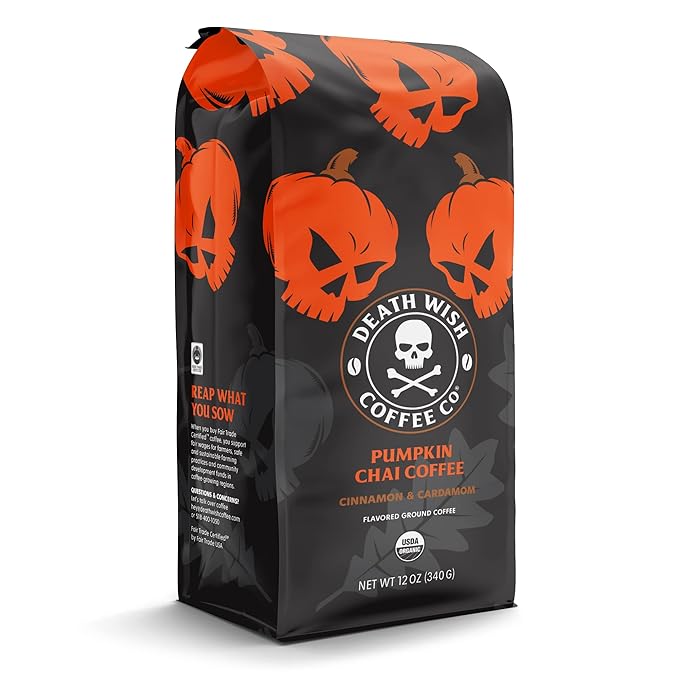 Death Wish Coffee Co. - Flavor Variety Pack - Flavored Coffee Grounds - Extra Kick of Caffeine - Pumpkin Chai Gingerdead and Blue &amp Buried (Flavor Variety Pack)