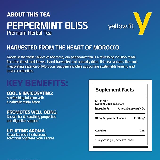 Yellow.fit Peppermint Whole Leaf Tea – 1500mg Loose Leaf Herbal Tea Caffeine-Free Peppermint Leaves Naturally Refreshing Herbal Infusion 66 Servings