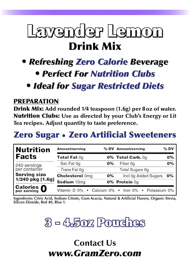 GramZero Lavender Lemon Zero Calorie Sugar Free Drink Mix Great For Nutrition Club Loaded Tea Stevia Sweetened