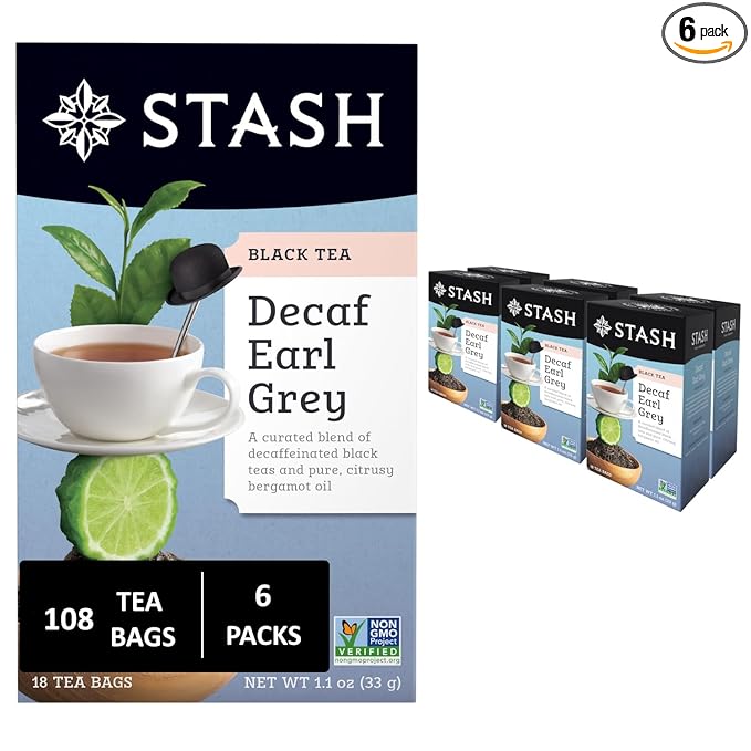 Stash Tea Decaf Earl Grey Black Tea - Decaf Non-GMO Project Verified Premium Tea with No Artificial Ingredients 18 Count (Pack of 6) - 108 Bags Total