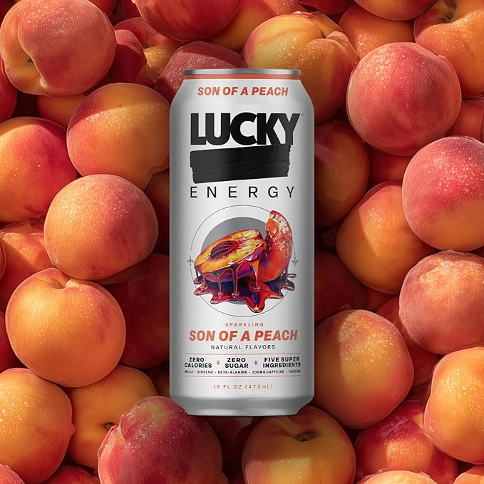 Lucky Energy Sugar Free Energy Drinks Son of a Peach 16oz Cans (12-Pack) Healthy Zero Sugar Energy Drink with Maca Ginseng Beta-Alanine Taurine &amp 200mg Caffeine