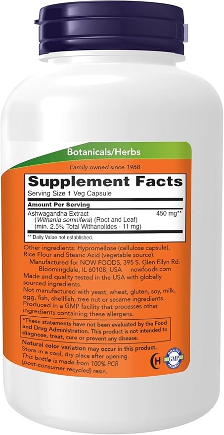 NOW Foods Ashwagandha Extract 450 mg Vegan Kosher Non-GMO - 240 Veg Capsules