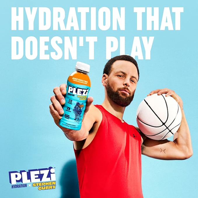 PLEZi Orange Mango Twist Hydration Drink x Stephen Curry - Sports Drinks with 2X Electrolytes - 500mg Potassium Low Sugar No Added Sugar - For Kids &amp Adults - 16.9 Fl Oz (12 Pack)