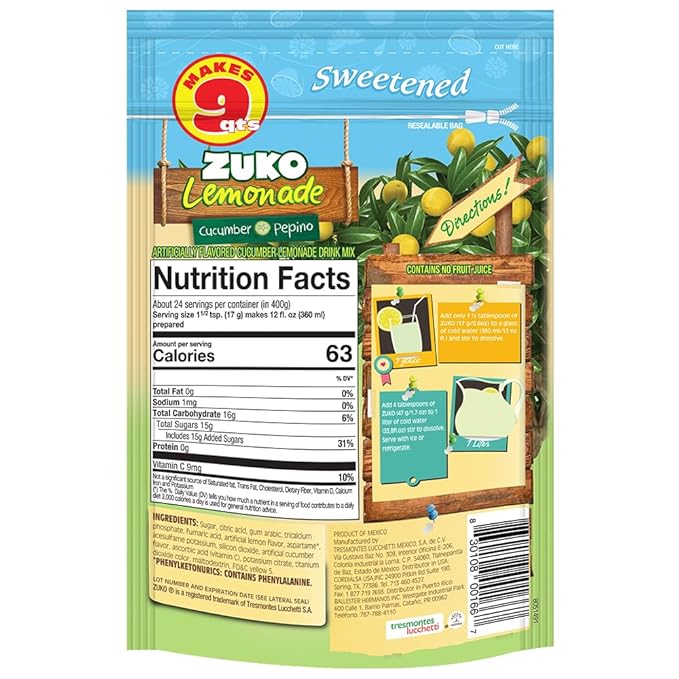 ZUKO Cucumber Instant Powder Drink Family Pack No Sugar Needed 14.1 Oz (Pack of 6)