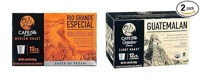 Cafe Ole HEB Single Serve Coffee Pods 12 count - 2 boxes (Rio Grande Especial &amp Guatemalan)