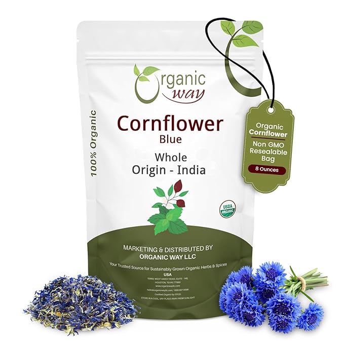 Organic Way Premium Cornflower Blue Whole (Centaurea Cyanus) - Herbal Tea | European Wild-Harvest | USDA &amp Kosher Certified | Vegan Non GMO &amp Gluten Free | Origin - Albania (8 Oz)