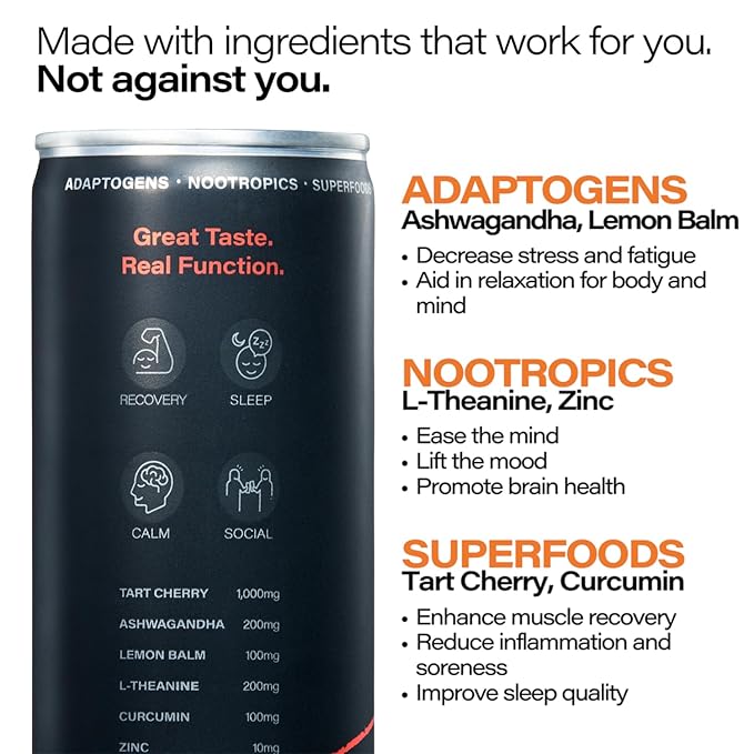 Peak Cocktails Non-Alcoholic Cocktail | Adaptogens Nootropics Superfoods for Calm Recovery and Sleep | Ashwagandha Tart Cherry L-Theanine | Mixologist-made | Blood Orange Spritz | 8.4oz 48-Pack