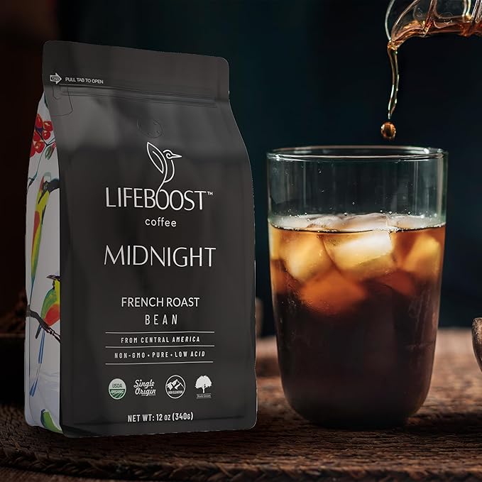 Lifeboost Midnight French Roast Coffee Beans - Single Origin Non-GMO USDA Organic Low Acid French Roast Coffee - Third Party Tested For Mycotoxins &amp Pesticides - 12 Ounces