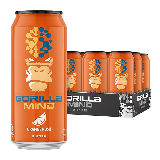 Gorilla Mind Energy Drink | Unmatched Energy · Amplified Focus | N-Acetyl-L-Tyrosine Alpha-GPC 200mg Caffeine Uridine Saffron | 0 Sugar Or Artificial Colors | 16oz 12-Pack (Orange Rush)