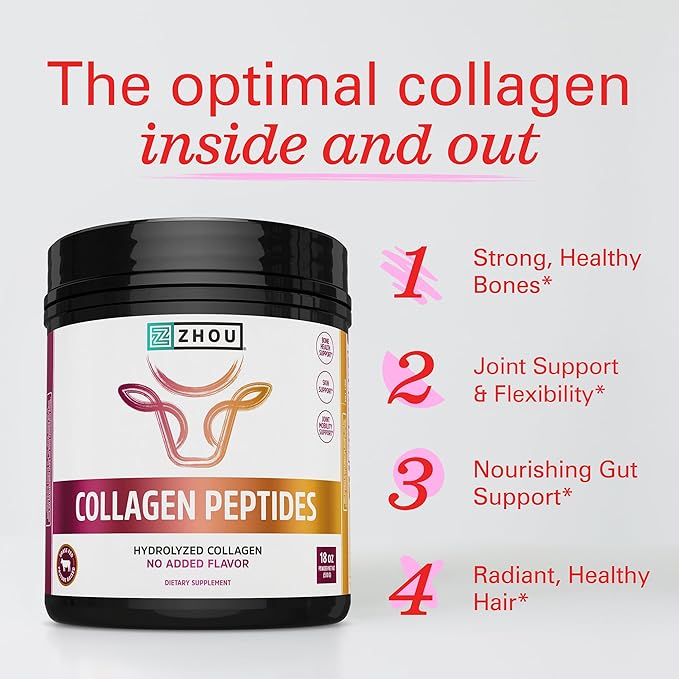 Zhou Collagen Peptides - Pure Hydrolized Collagen Powder for Women &amp Men Grass Fed Natural Bovine Collagen for Skin Hair Growth Joints &amp Bones - 18 oz Jar (46 Servings)