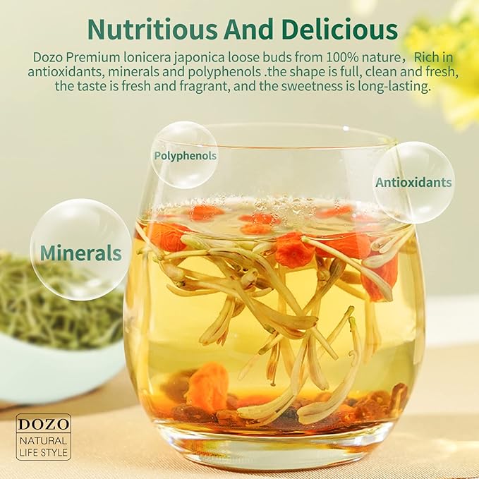 DOZO Dried Honeysuckle Tea 3.52oz/100g Jin Yin Hua Dried Honeysuckle Flower Natural Wild Lonicera Japonica Loose Buds Sulfur Free Caffeine Free Clear Interbal Heat 金银花 金银花茶 清热排浊