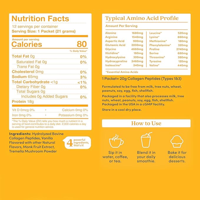 Further Food Vanilla Collagen Peptides Powder with Tremella Mushroom – 100% Grass-Fed Hydrolyzed Type 1 &amp 3 20g of Collagen per Serving Supports Skin Hair Nails &amp Joints Stick Packs 8.8