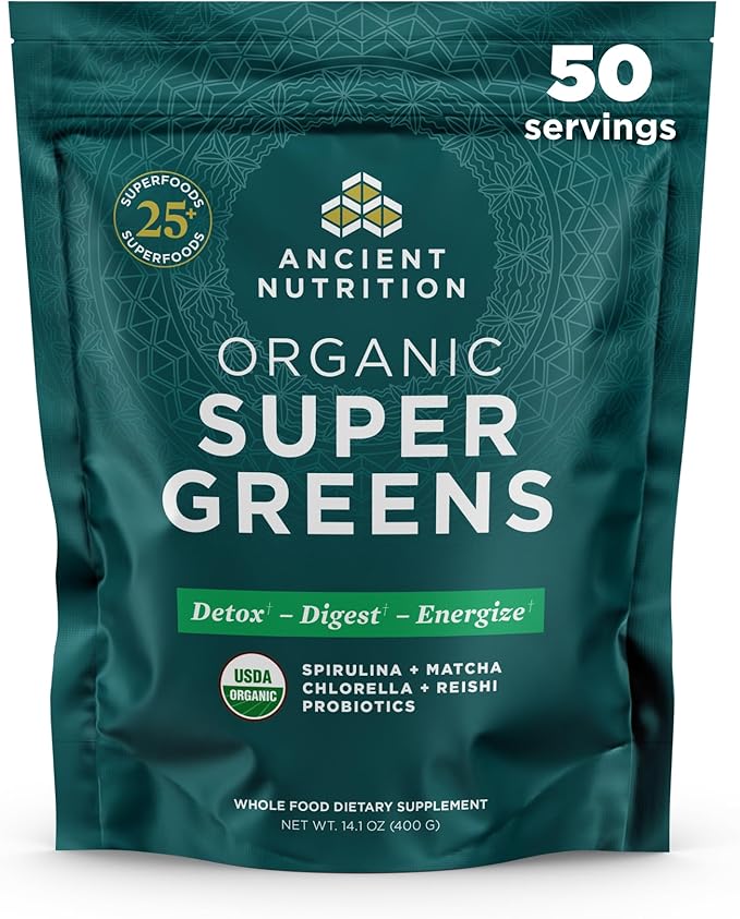 Ancient Nutrition Super Greens Powder Organic Superfood Powder with Probiotics Made with Spirulina Chlorella Matcha and Digestive Enzymes 50 Servings 14.1 oz