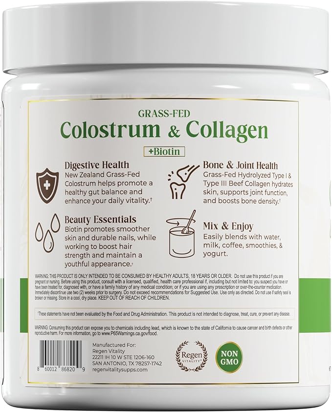Grass-Fed Colostrum &amp Collagen Powder | Gut Health Hair Skin &amp Joint Support | New Zealand Bovine Colostrum Hydrolyzed Collagen Peptides 300mcg Biotin | Vanilla Bean | 28 Servings