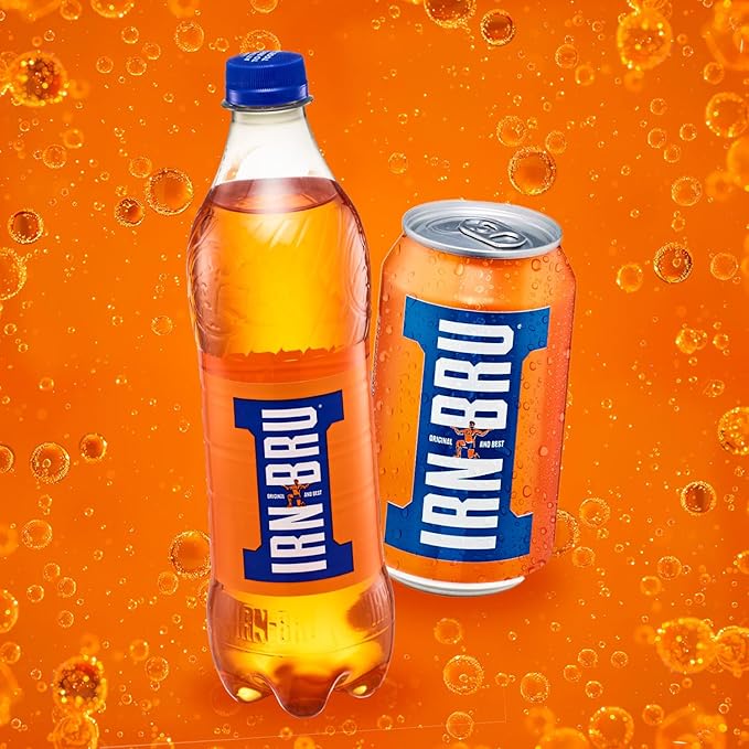 IRN-BRU Original Scottish Sparkling Soda Citrus Flavored Carbonated Drink - Sparkling Flavored Soft Drink 32 Flavor Recipe 11.1 fl oz Cans Pack of 24