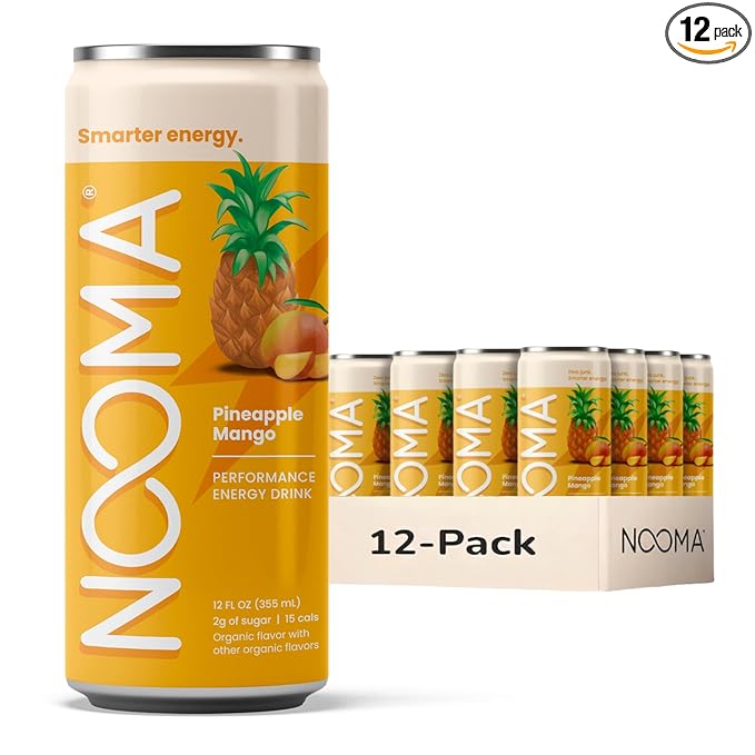 NOOMA - Performance Energy Drink - Pre Workout Drink - Nootropics Adaptogens + Electrolytes - 120mg Clean Caffeine 15 Calories &amp 2g Sugar - Pineapple Mango -12 Pack -12oz ea.