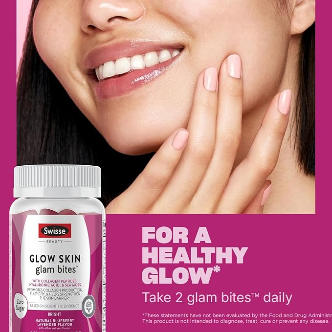 Swisse Glow Skin Glam Bites – Collagen Peptides Hyaluronic Acid &amp Sea Moss – Supports Skin Elasticity &amp Hydration – Zero Sugar Gummies for Adults – Blueberry Lavender Flavor 60 Count