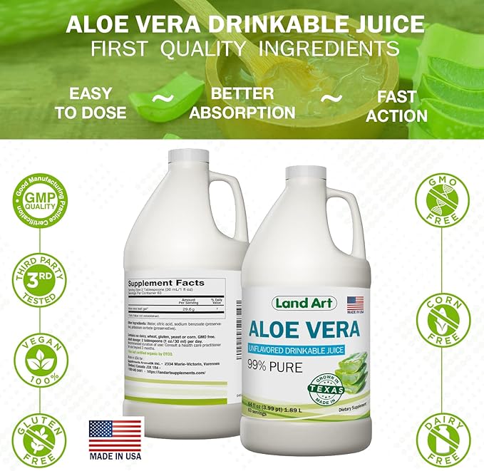 Land Art - Pure Aloe Vera Juice Unflavored – Cold-Processed - 99.7% Organic Aloe Vera Inner Fillet from Fresh Texas Leaves – Digestive Health Detox and Natural Wellness – 64 fl oz