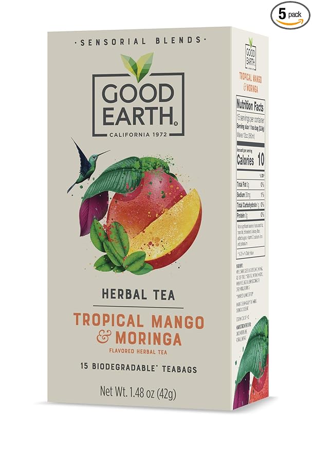 Good Earth Sensorial Blend Flavored Herbal Tea Tropical Mango and Moringa No Artificial Color No Preservatives 15 Bag (Pack of 5)