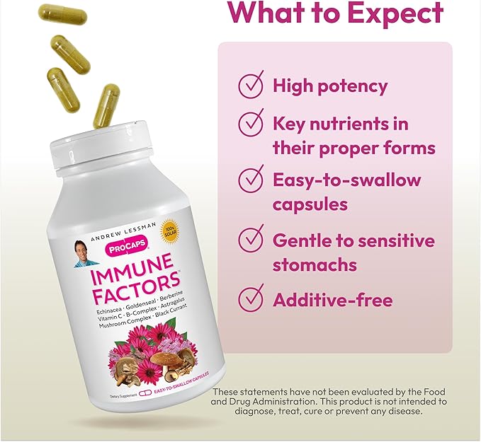 ANDREW LESSMAN Immune Factors 180 Capsules – Echinacea Goldenseal Vitamin C Astragalus Berberine Mushroom Blend Black Currant. Supports and Promotes Immune System and Natural Defenses